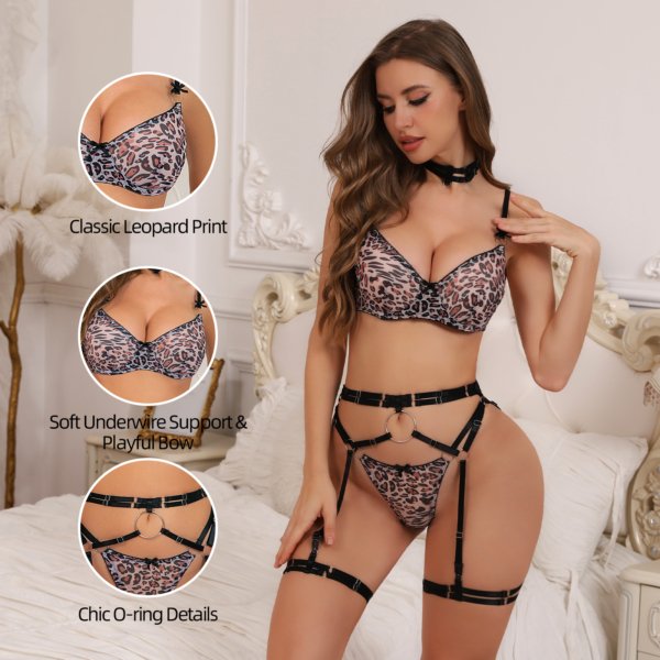 Classic Leopard Mesh Garter Bra Set